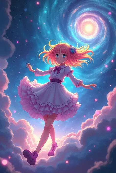  top quality,girl with bright rainbow color hair, Japanese Anime Style,Time Traveler , Time Space Universe Scene