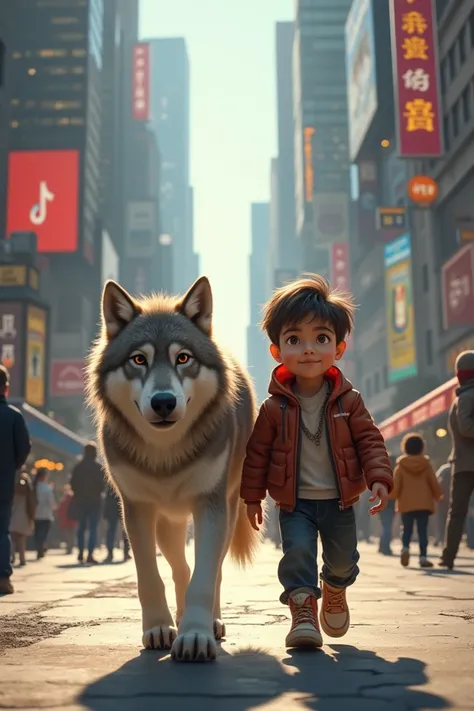 A boy walks with a wolf in the middle of the city