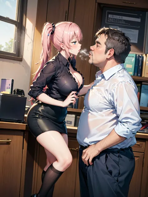 ( One Girl ,  fat middle-aged men who commit crimes until morning:1.2),   white shirt, Pencil Skirt, , ({{kissu), (),  office,  very detailed bust,  high definition , 4K, masterpiece,  high definition 、( my clothes are see-through :1.2)、 Twin Tails ,Big Br...