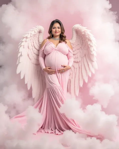 pregnant woman in pink dress with angel wings in cloudy photo, a colorized photo by Marie Angel, shutterstock contest winner, baroque, full - body majestic angel, grand angel wings, of an beautiful angel girl, super wide angel, big angel wings wide open, m...