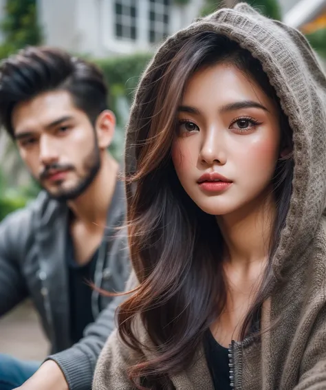 by following the visual of a beautiful Indonesian woman with long curly hair wearing a beautiful hoodie sitting in a garden with a handsome Indonesian looking cool guy in the garden background Professional living  , 4k, HD, UHD, 8K,  High detail ,       ul...