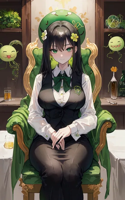 (super detailed:1.2, masterpiece:1.2, best quality:1.2, high res:1.2), Black hair, shot,  green eyes, thin eyes, , slender eyes , Cross-eyed,  suit,  office lady,  big boobs,  shirt, Sternum, 단추 열린  shirt,  loose tie , Beer vest ,  reddened face,  smiley f...