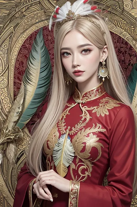 A woman in a red and gold Chinese dress，crown，ash blonde hair,（tmasterpiece，top Quority，best qualtiy，offcial art，Beauty and aesthetics：1.2），（1girl：1.3），The is very detailed，（s fractal art：1.1） ，Most detailed，（ zentangle:1.2), full body, (abstract backgroun...