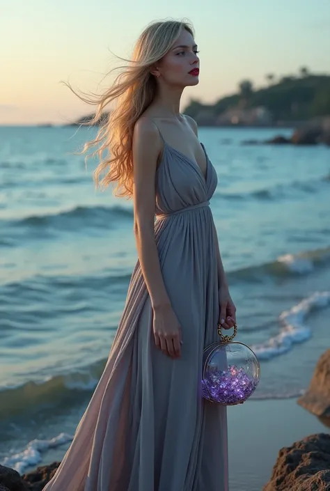 Tall woman with golden hair scarlet eyes and red lips, carrying in her left hand crystal violet bag with crystals on it . She is wearing long silky dress in grey colour. There is calm blue sea behind her. It is late evening. She is thinking of something 