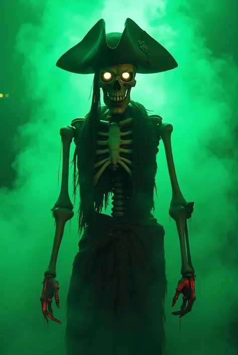 scary pirate skeleton on green neon background imitating fire, skeleton with pirate hat, blood, smog