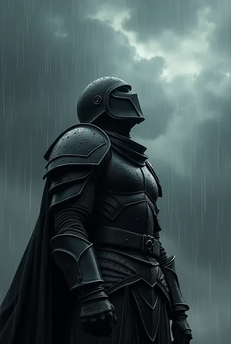 A warrior in black armor and a black closed helmet looking up, seeing a rainy sky 