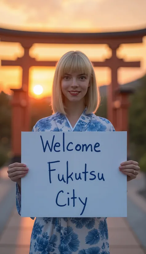 Front view, Name is Any Taylor-Joy , 1 woman, beautiful young American woman, 30-age, (blond hair, Short hair , fringe, beautiful dark blue eye, smile), (C cup breasts, wide hip), ( Japanese traditional Dark blue Kimono, kimonos below flower pattern ,...