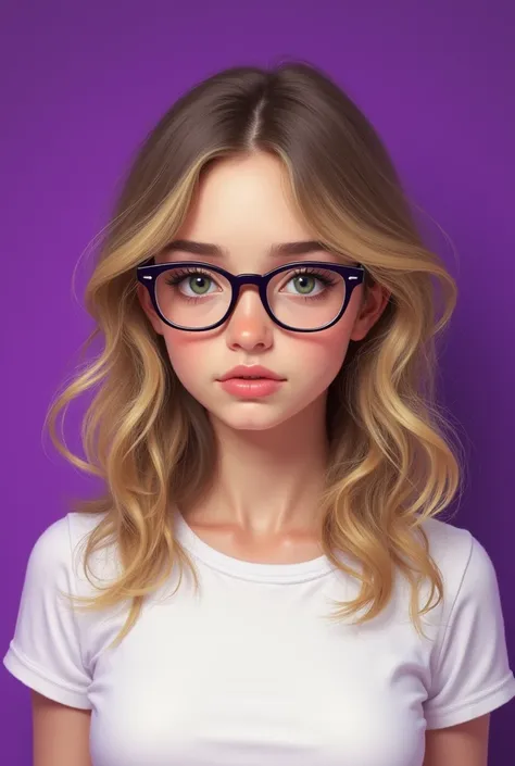 Make a realistic drawing of a 19-year-old white woman,  slightly long wavy hair with some blonde locks ,  green eyes, wear glasses, slightly round oval face . Use the purple background and white clothing 