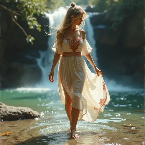 allurecore, long flowing blonde hair in a messy top knot ponytail, pellucid chiffon flowing dress with red and gold filigree detail, visible colored g-string, walking barefooted through a shallow stream, charcoal drawing, random glitch effects, tranquil wa...