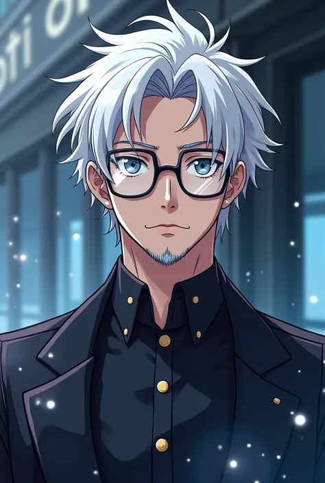  Anime-style image,  lenses depicting a modern wizard , male between 20 and 30 years old, with white hair and grey eyes, with short beard and half-frame lenses