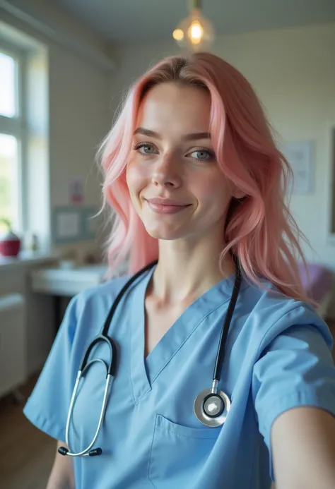 Photo of a 20 year old pinkhair woman, that has a very natural face, thin lips, thin eyes, thin eyebrows, thin nose. She takes a cute selfie with right hand in bedroom, krankenschwester uniform, , beim arbeiten, natural pose, looking out in einem behandlun...