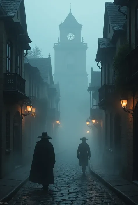 The 19th century old town is dark and full of fog