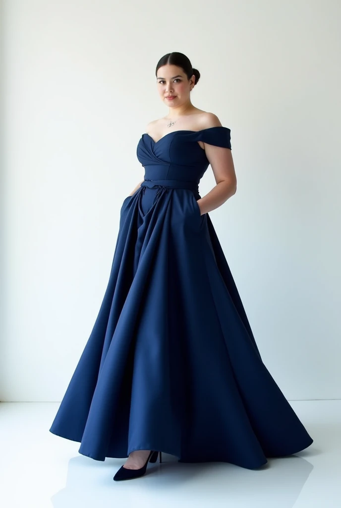 a Dior style long midi dress in dark blue for women plus size pale complexion posing on a white background