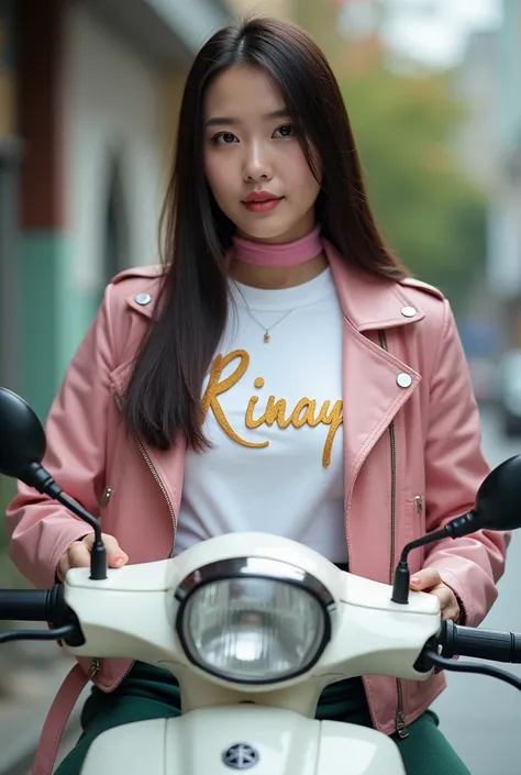 a beautiful Korean woman with long dark hair neat and straight ,wearing a Pink hijab white shirt and a pink LEATHER jacket ,, green jeans leaf wear black shoes , sits on top of the motor matic type 
TAMAHA MIO  , on the shirt is written the name  "RINAY" w...