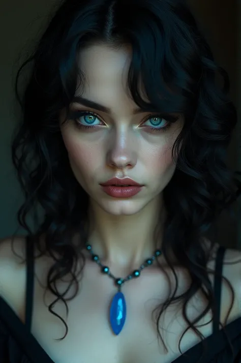 Woman with intense blue eyes with wavy and black hair  ;  a nymphomaniac face and thick lips and resigned nose wearing a blue quartz necklace 