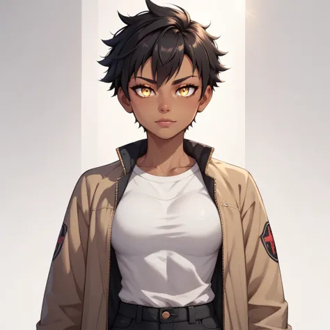 girl, tomboy, tanned, short hair, black hair, gold eyes, perfect lighting, whole body, extremaly detailed eyes, simple background, neutral face, white shirt black jacket, black pants, masterpiece, ratatatat74, tatto under eye, cross tatto, big tits, aidxlv...