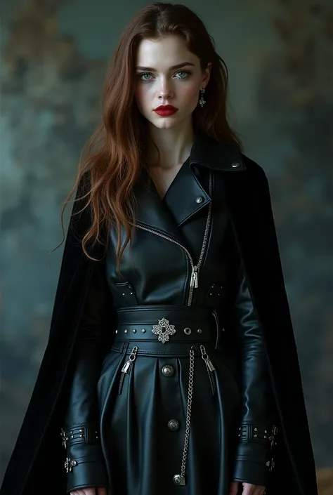 Kristen Stewart bella swan young long hair Brown waby  eyes blue,  leather with tacks leather jacket chains bikini black cape Velvet dark studded belt leather skirt gothic with good quality red lips, silver gothic cross earrings 8k