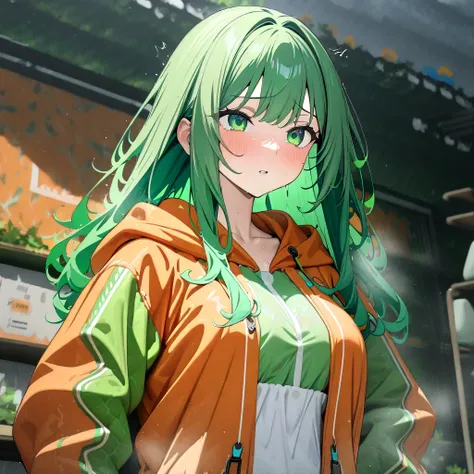 select and generate best screen effect,((1girl,long-deepgreen-hair,green-eyes,orange-hooded-jacket,under-rim-eyewear)),cutout underwear
,(irritability,masterpiece,best quality,very aesthetic,absurdres,detailed background,newest, perfect anatomy:1.2),