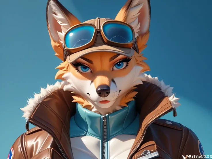 Anime, Anthropomorphic fox character, fluffy ears and bushy tail, confident stance, serious expression, detailed fur texture. Wearing vintage pilot outfit: brown leather aviator jacket with white fur lining, utility belt with pouches, gloves, aviator cap w...