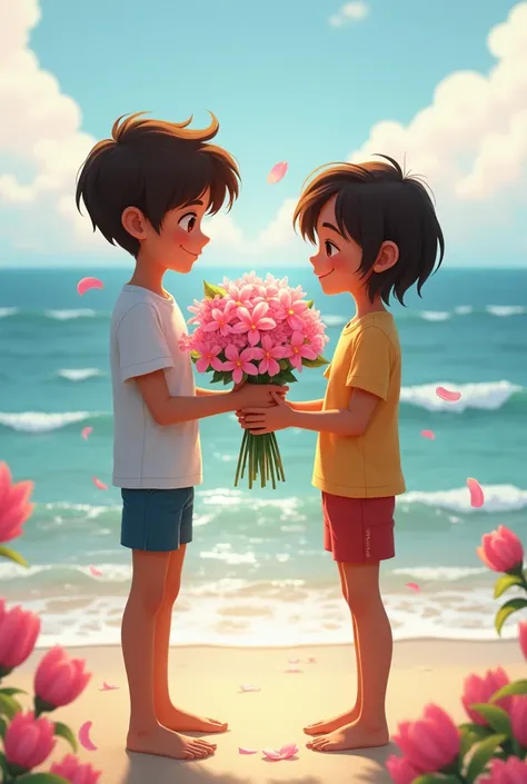 A white boy with medium long hair but not much brown brown hair from the coast giving a bouquet of pink Ipê flowers to a smooth-haired brown-haired one