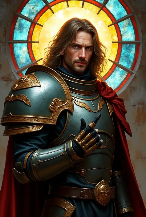 The emperor of mankind from Warhammer 40,000 with a halo above his head and in the armor of a space marine holds his fingers like in a church, a portrait in the form of a window mosaic, medium-length hair