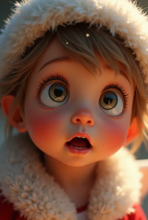 Close-up of the Little Angels face Animation with Animated touch, looking up at Santa with wonder and excitement.