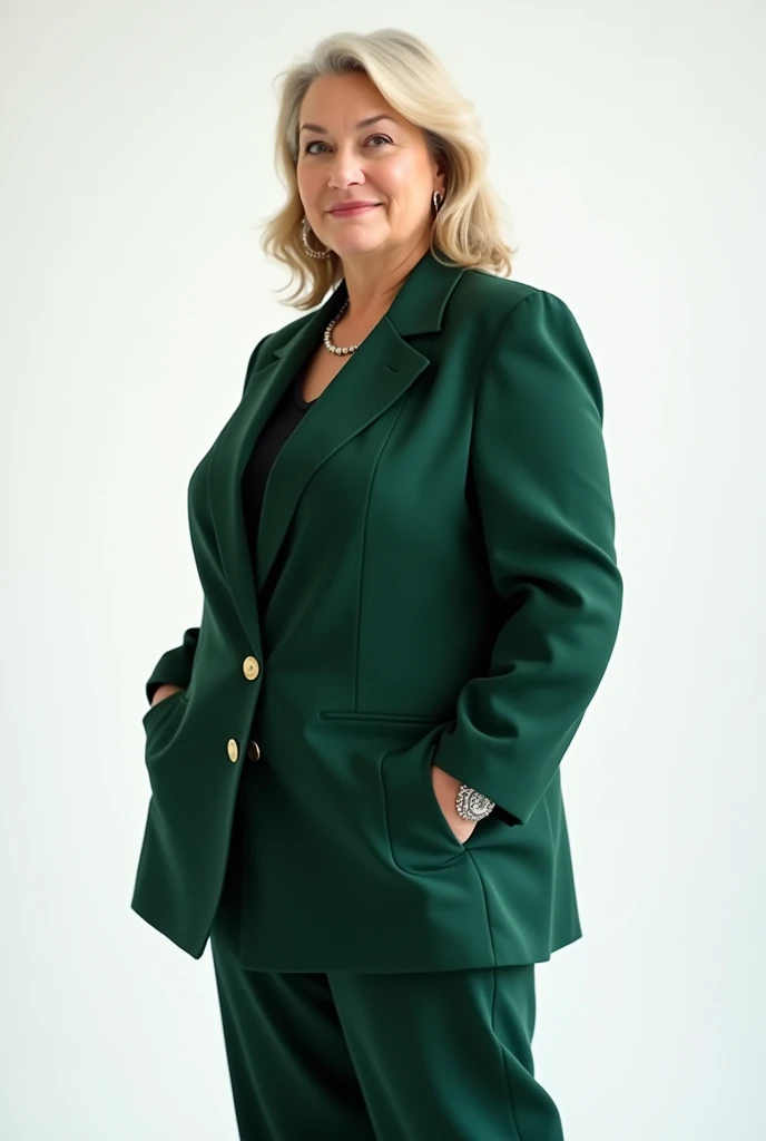 a dark green suit for women of 50 plus size pale complexion posing on a white background