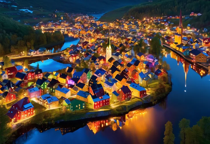  Aerial View of a Hilltop Town with a River in the Foreground, A city of pure colors,  Norway,  by Harry Henningsen ,  Beautifully Illuminated Buildings , Shining Reflection,  Stunning Reflections of Light Full of Reflections ,  by Harald Giersing , full o...