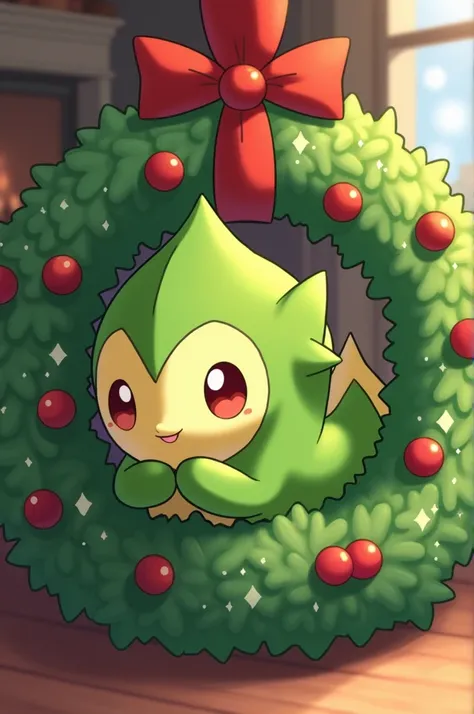 pokemon chikorita in a christmas wreath