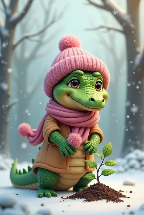 Female crocodile wearing pink scarf and winter hat planting a tree in the park in winter season 