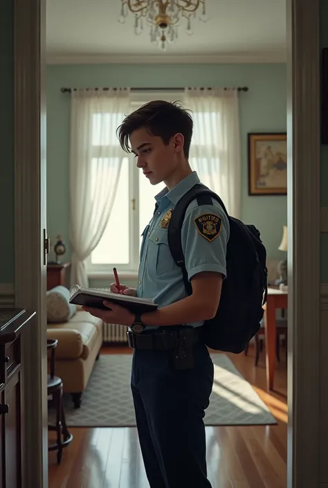 a young policeman inside a beautiful and organized house inside