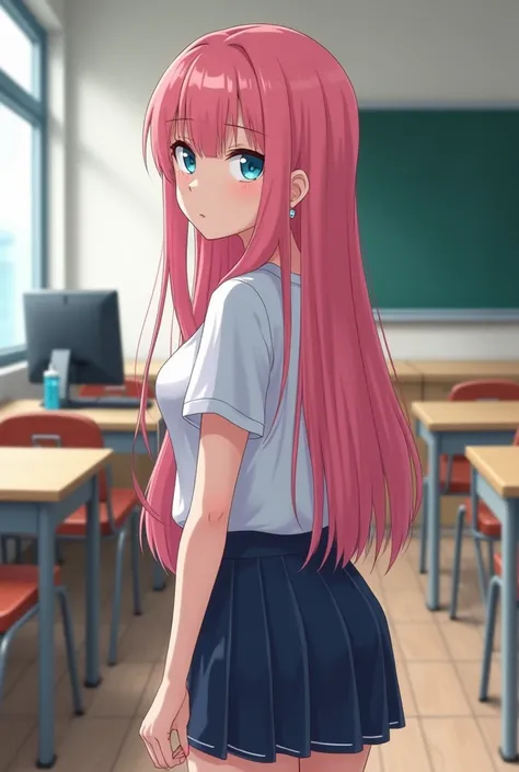 ass facing the camera, her head is turned around facing the camera with long pink hair, light blue eyes, big ass and boobs, short dark blue skirt, white t-shirt kind of open showing boobs a bit, pink finger nails, in a school with desks and chairs and a bo...