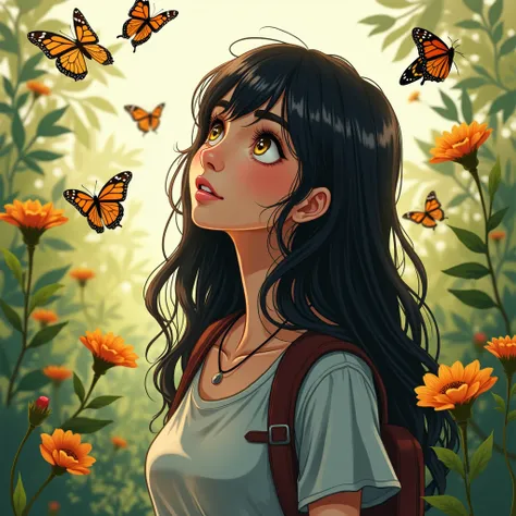 Beautiful 25-year-old young woman with long black hair and beautiful yellow eyes in casual urban clothing,  in a butterfly garden looking surprised at the butterflies flying ,  smiling emotively , Realistic drawing, realism, arte digital, half-profile 