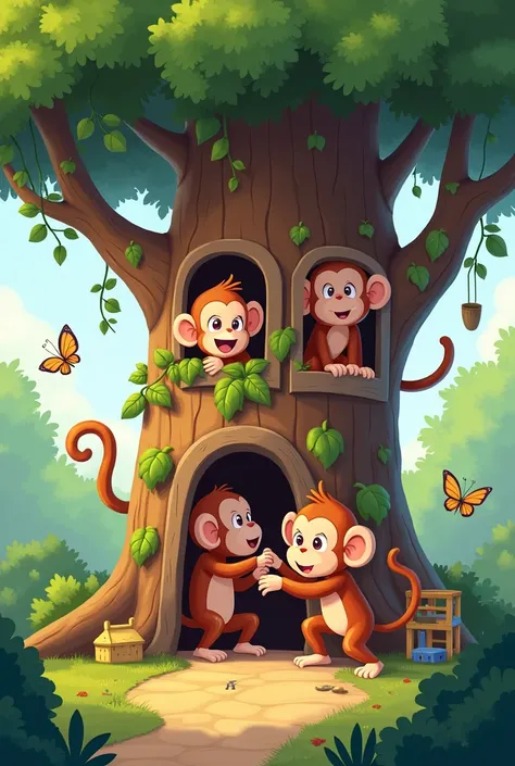 Cute cartoon of three monkey s playing hide-and-seek in tree house