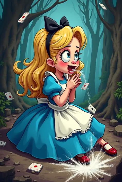 The cartoon of Alice in Wonderland sucking a line of cocaine through her nose 