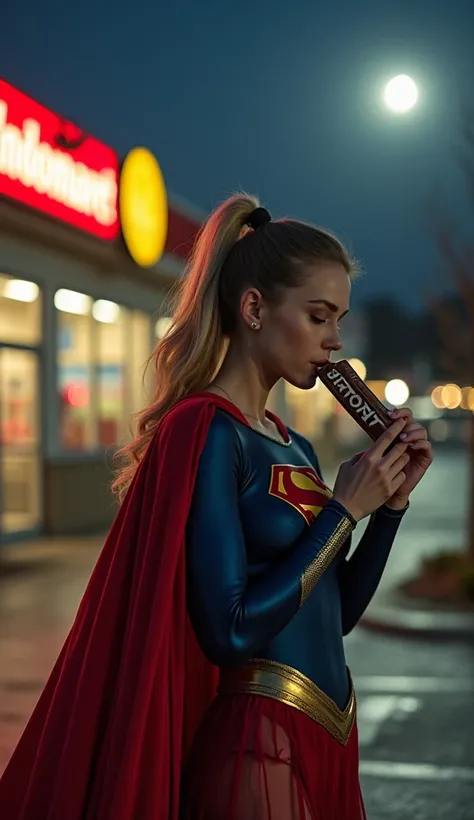 "Outside the Indomaret, Supergirl pauses near the parking lot to enjoy her chocolate bar. The moonlight reflects off her gold details as she checks her list to ensure she has everything, her heroic posture contrasting with the mundane act of grocery shoppi...