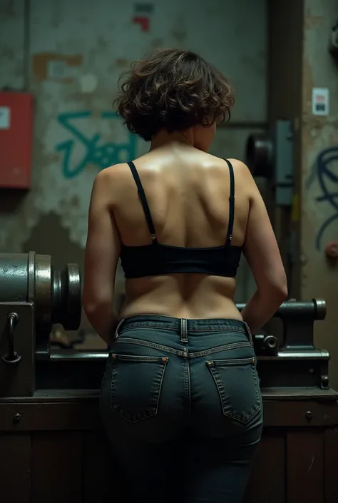 Cinematic photography, 25-year-old woman working in a workshop, back view, dark dirty jeans, black bra, large thighs and buttocks, white cutis, sweaty body, short curly hair, handling a lathe, poorly lit interior, dirty walls, Canon Mark III EOS 5D + DSLR ...