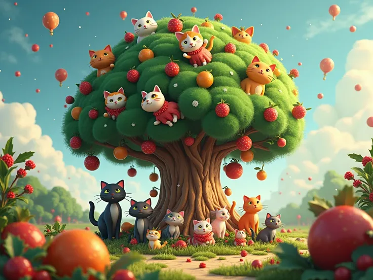 Realistic-fairy-tale and fantastic world ,  a Christmas tree of cartoon cats of different colors and breeds ,  around them edible world and a variety of animals from different fruits