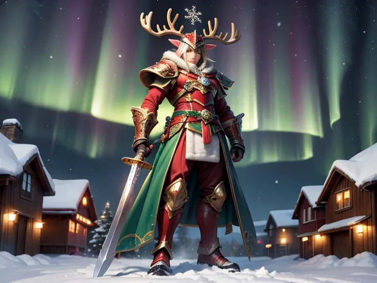 A snowy nighttime fantasy scene featuring three unique warriors standing atop a hill. Above them, the aurora borealis lights up the starry sky in vibrant greens and purples. In the distance, a cozy, snow-covered village is visible with a large, glowing Chr...