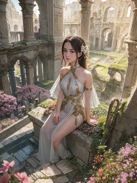 Create a striking image of a young Italian girl standing amidst the ruins of an ancient Roman city. Her gaze is contemplative, reflecting both wonder and nostalgia as she touches the rough stone pillars. Incorporate abstract art elements with an aspect rat...