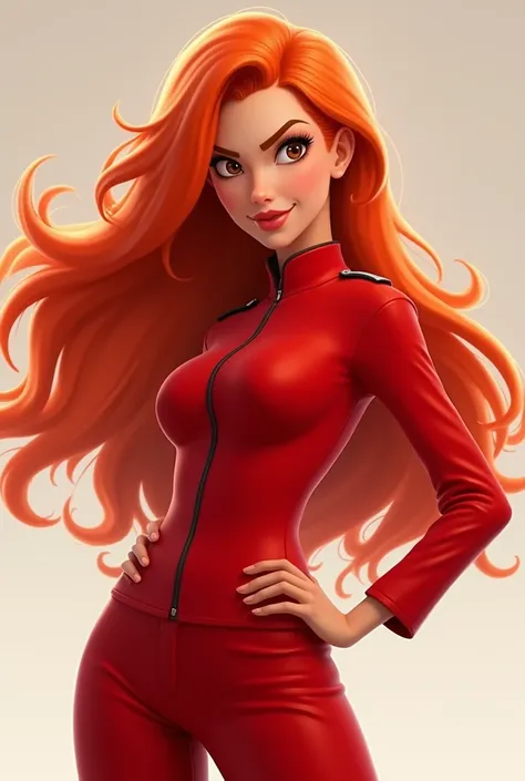 Animated avatar of a woman with completely loose red hair and a red uniform 