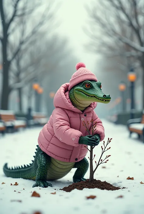 Female crocodile wearing pink winter jacket and winter hat planting a tree in the park in winter season 