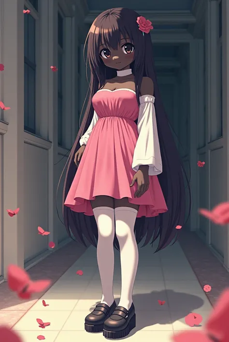 An anime girl with a huge stomach, the stomach has a person inside it, so she has a very big belly. The girls appearance is as follows: She has long and dark brown hair, black eyes and black skin.  She wears a pink strapless dress, underneath the dress she...