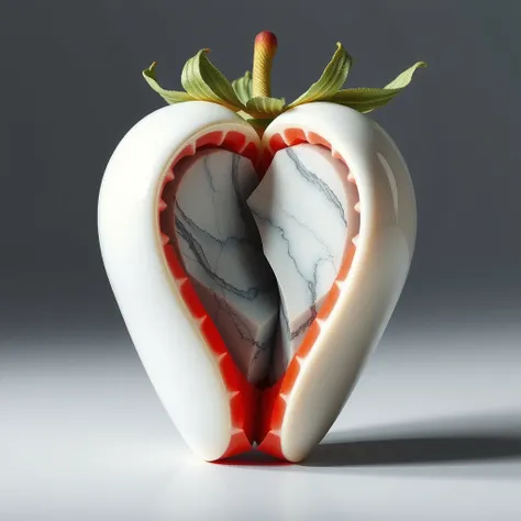 Strawberry divided in half ,  on the outside a porcelain peel with golden rays inside marble forming the middle of the broken strawberry.HD model, HD model,   Tall details, 