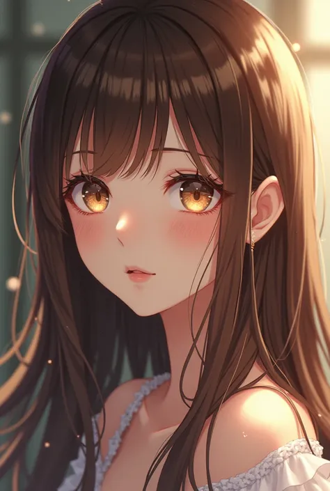 Make a girl,  anime style,  long hair, color coffee with silver,  golden eyes 