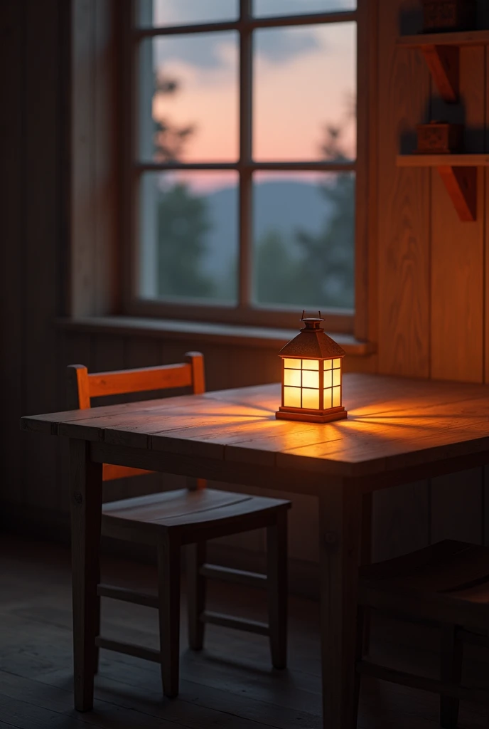  A simple dining room with twilight light coming in from the window. A small lantern lights up in the center of a wooden table .