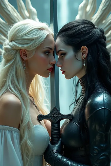 
 A beautiful young woman with white, gold-like silver hair and a young woman with dark hair, Red-eyed eyes,  blue-white skin, Black Skin Armor ,  Black Cloak ,  long hair on background, Fit the sword exactly .   Hello
Armor has black skin ,  sword raised ...