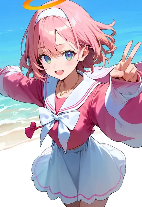 1girl, cowboy shot, white headband, halo, looking at Viewer, smile, Alone, white necklace, party, white headband, white sailor collar, puffy long sleeVes, light pink hair, white skirt, from aboVe, white background, V, reaching towards Viewer, Pink clothes