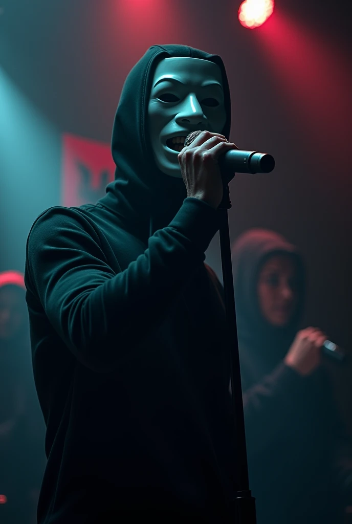 A  guy with full face  mask singing rap song with a microphone in a dark studio  with low light
And albanian flag 