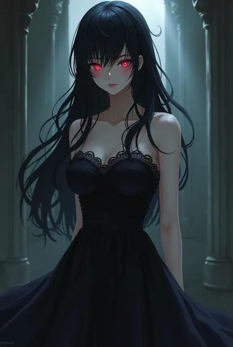 Female character with black hair and clothes, gothic and red eyes anime style
